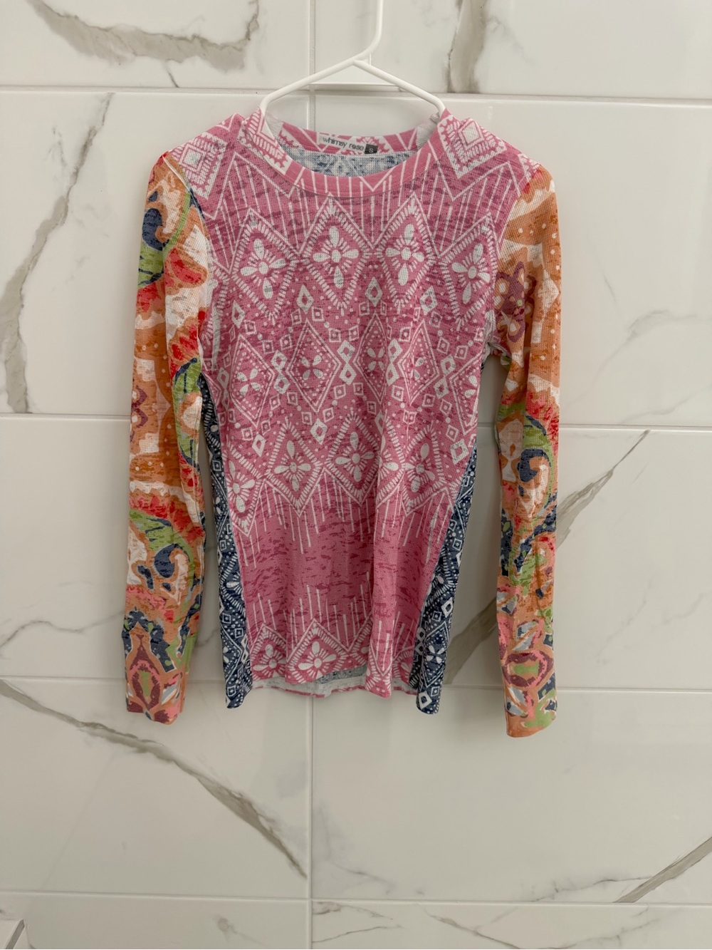Mixed-Print Pink Long-Sleeve Tee with Colorful Sleeves